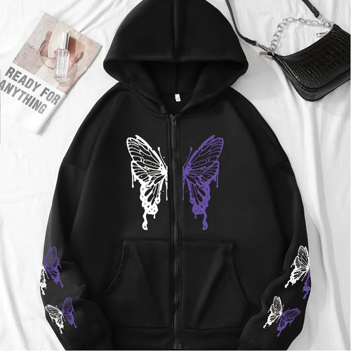 Butterfly Zipper Hoodie Women Purple Graphic Fleece Coat