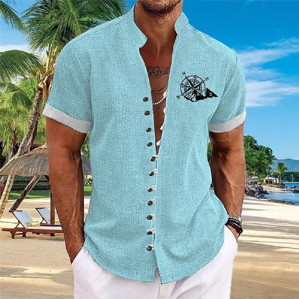 Men Linen Shirt Short Sleeve Retro Ethnic Print Shirt