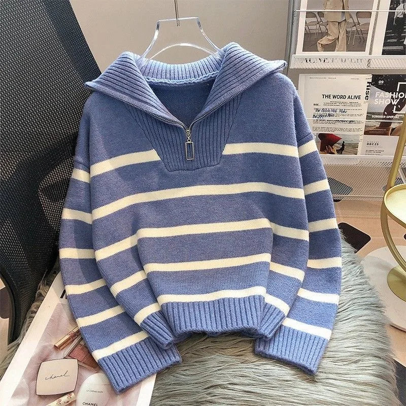 Women Pullover Sweater Zipper Stripe Short Style Top