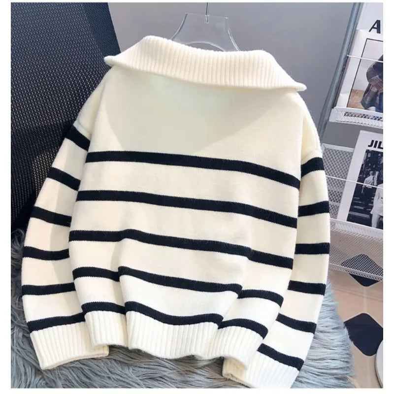 Women Pullover Sweater Zipper Stripe Short Style Top