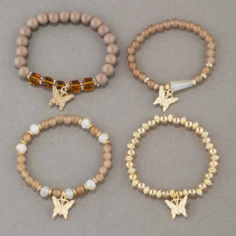 Butterfly Beaded Bracelet Set 4Pcs Pink Acrylic Beads for Women