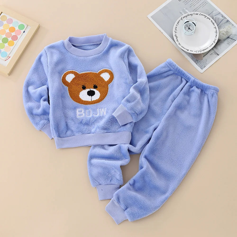 Kids Flannel Pajamas 2Pcs Warm Coral Fleece Sleepwear