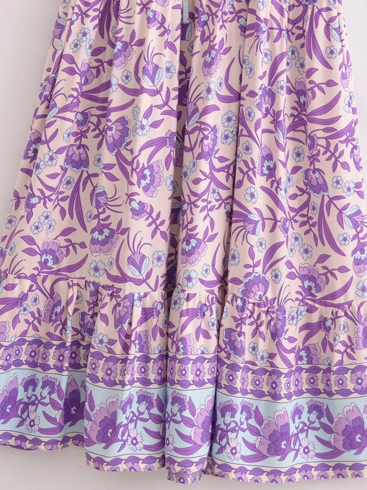 Bohemian Maxi Dress Floral Print Tie Neck Beach Dress
