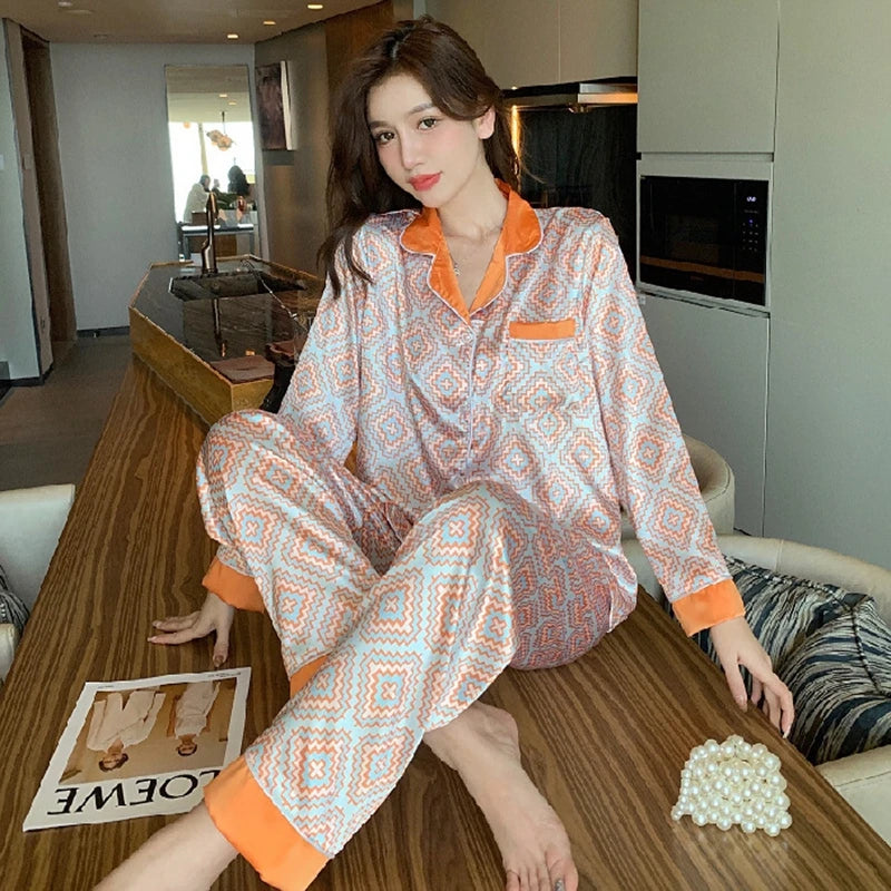 Faux Silk Pajama Set Long Sleeve Elegant Sleepwear