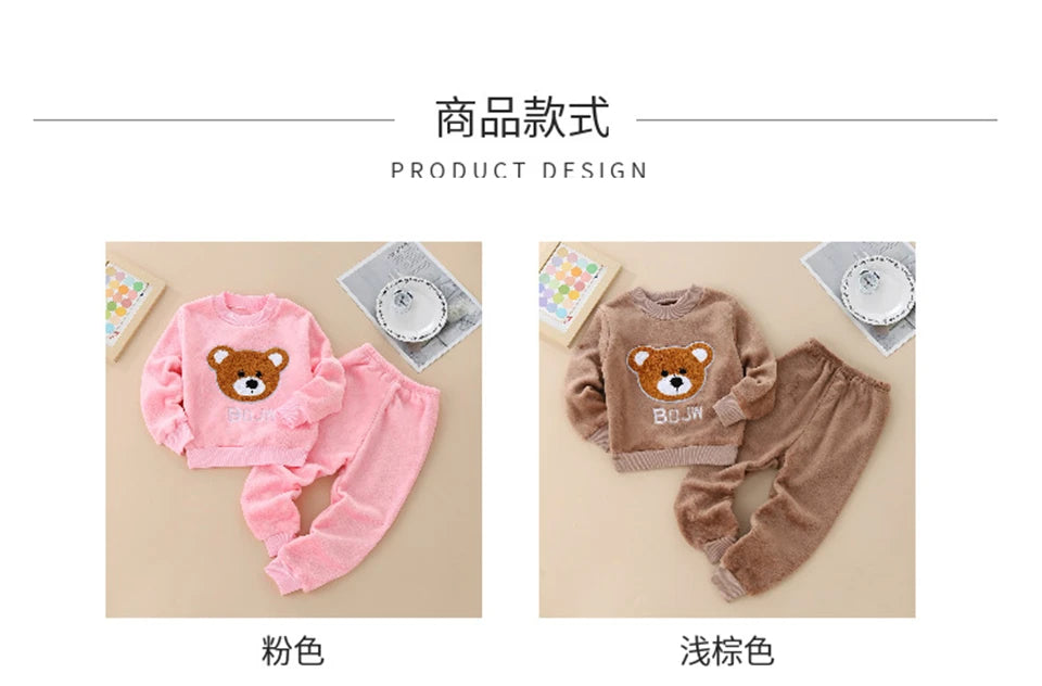Kids Flannel Pajamas 2Pcs Warm Coral Fleece Sleepwear