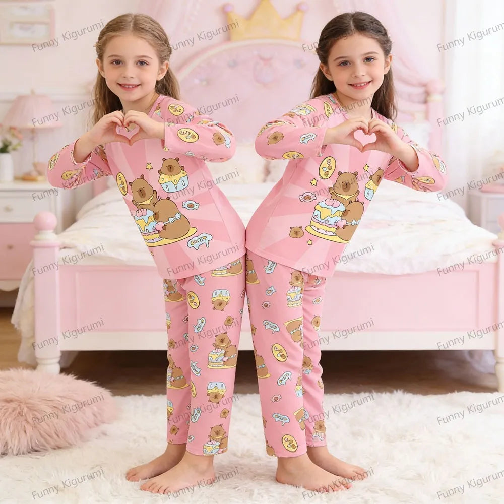 Kids Cartoon Pajama Set Capibara Long Sleeve Sleepwear