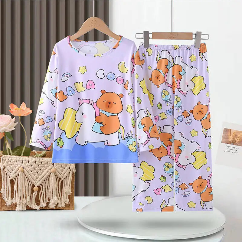 Kids Cartoon Pajama Set Capibara Long Sleeve Sleepwear