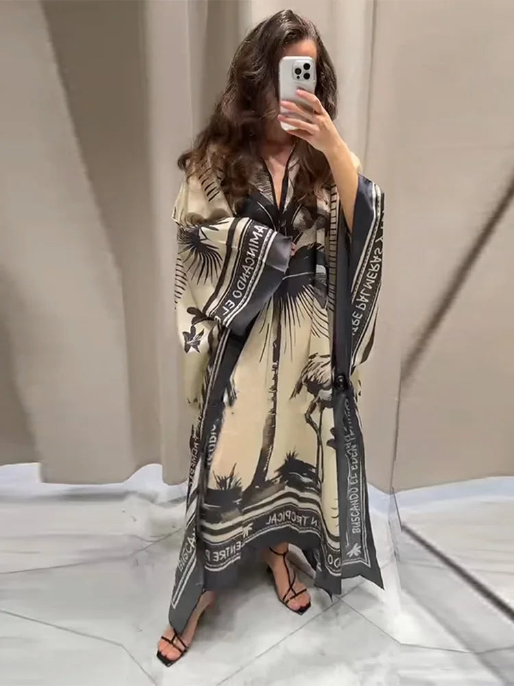 Floral Maxi Dress Oversize V-Neck Beach Dress for Women