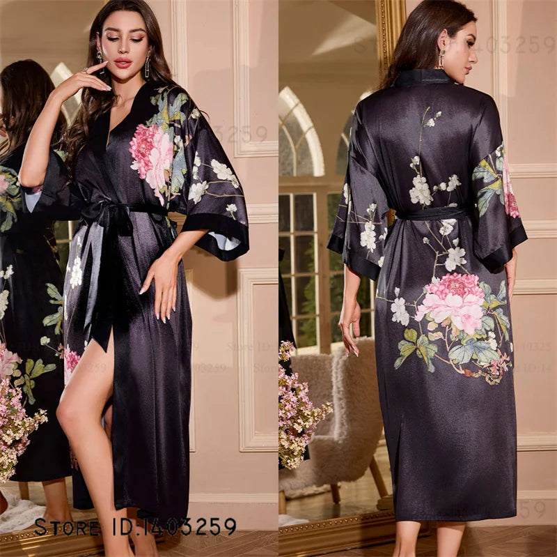 Satin Kimono Robe Chinese Style Long Bathrobe for Women