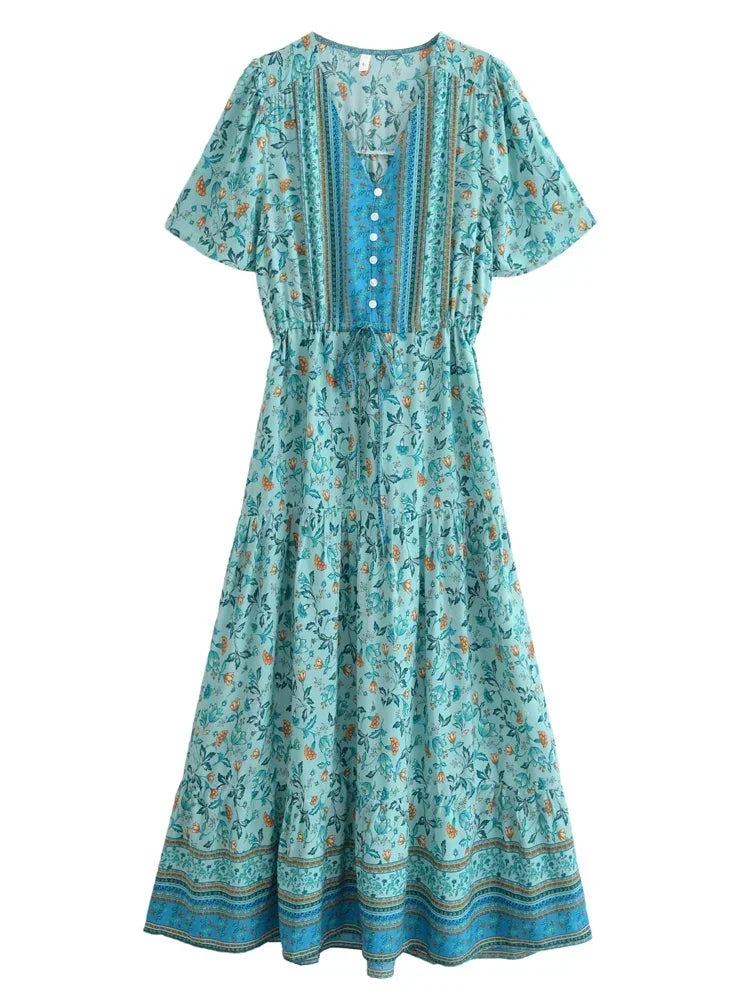 Bohemian Maxi Dress Floral Print Tie Neck Beach Dress