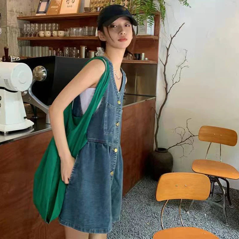 Denim Mini Dress Sleeveless A-Line Korean Style Dress