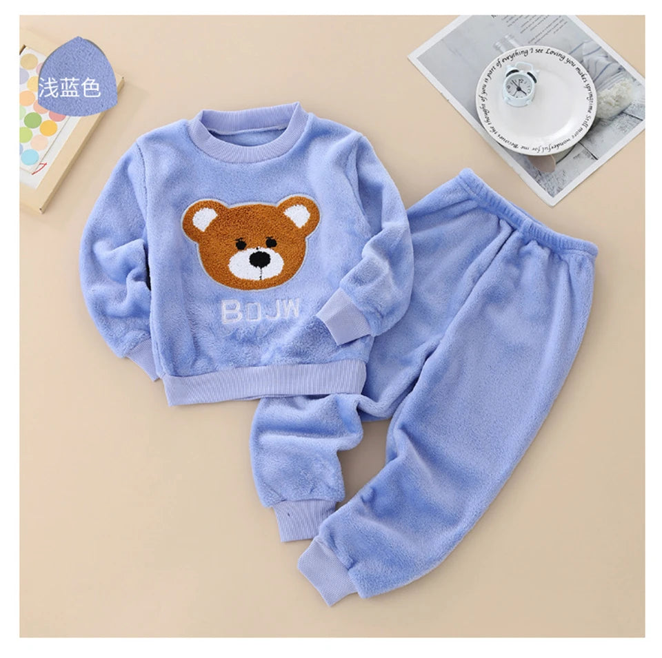 Kids Flannel Pajamas 2Pcs Warm Coral Fleece Sleepwear