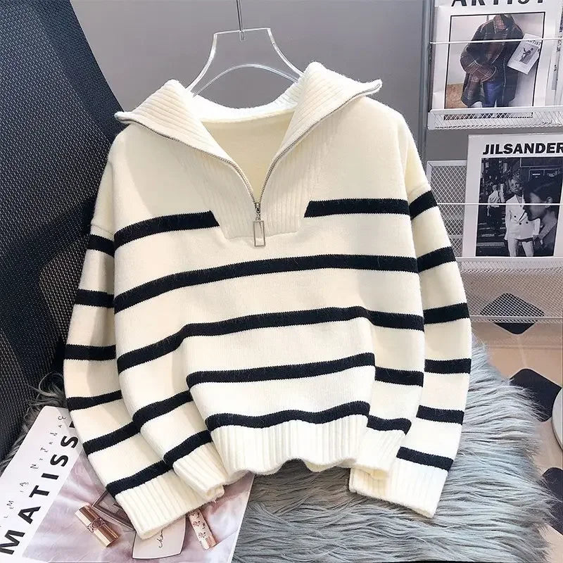 Women Pullover Sweater Zipper Stripe Short Style Top