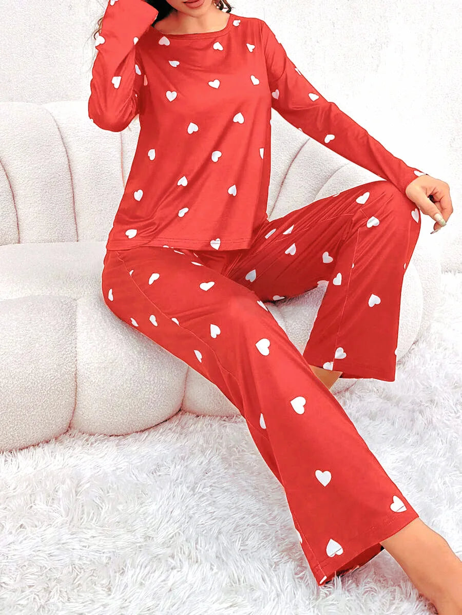 Women Pajamas Set Love Print Long Sleeve Sleepwear