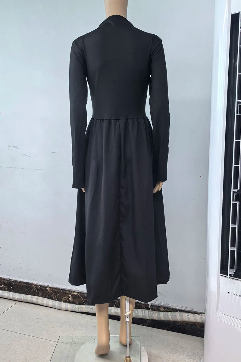 Black A-Line Dress French Style Long Sleeve Midi Dress