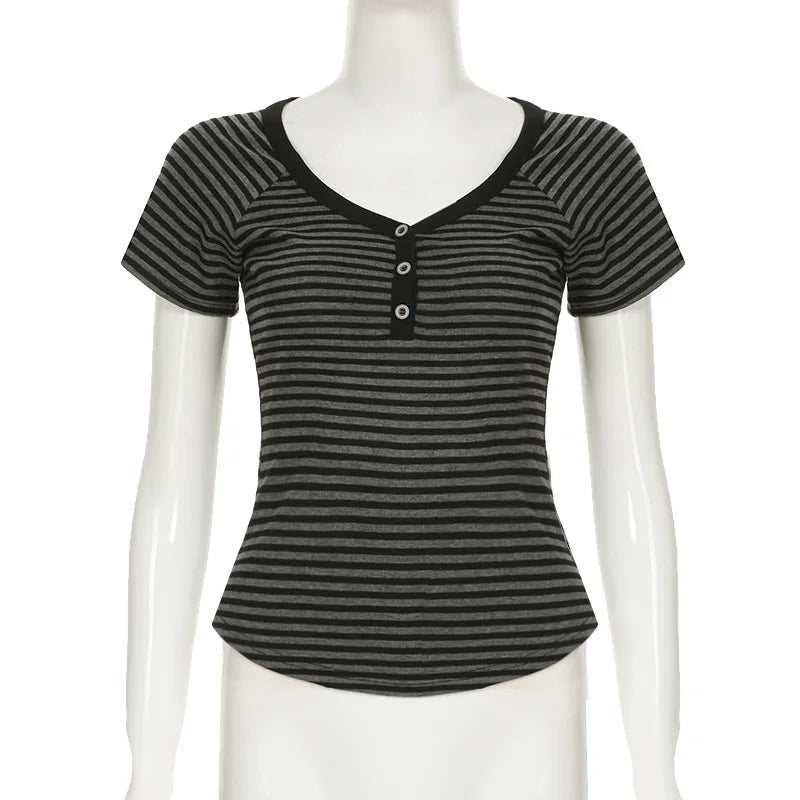 Goth T-Shirt Striped V-Neck Button-Up Slim Top