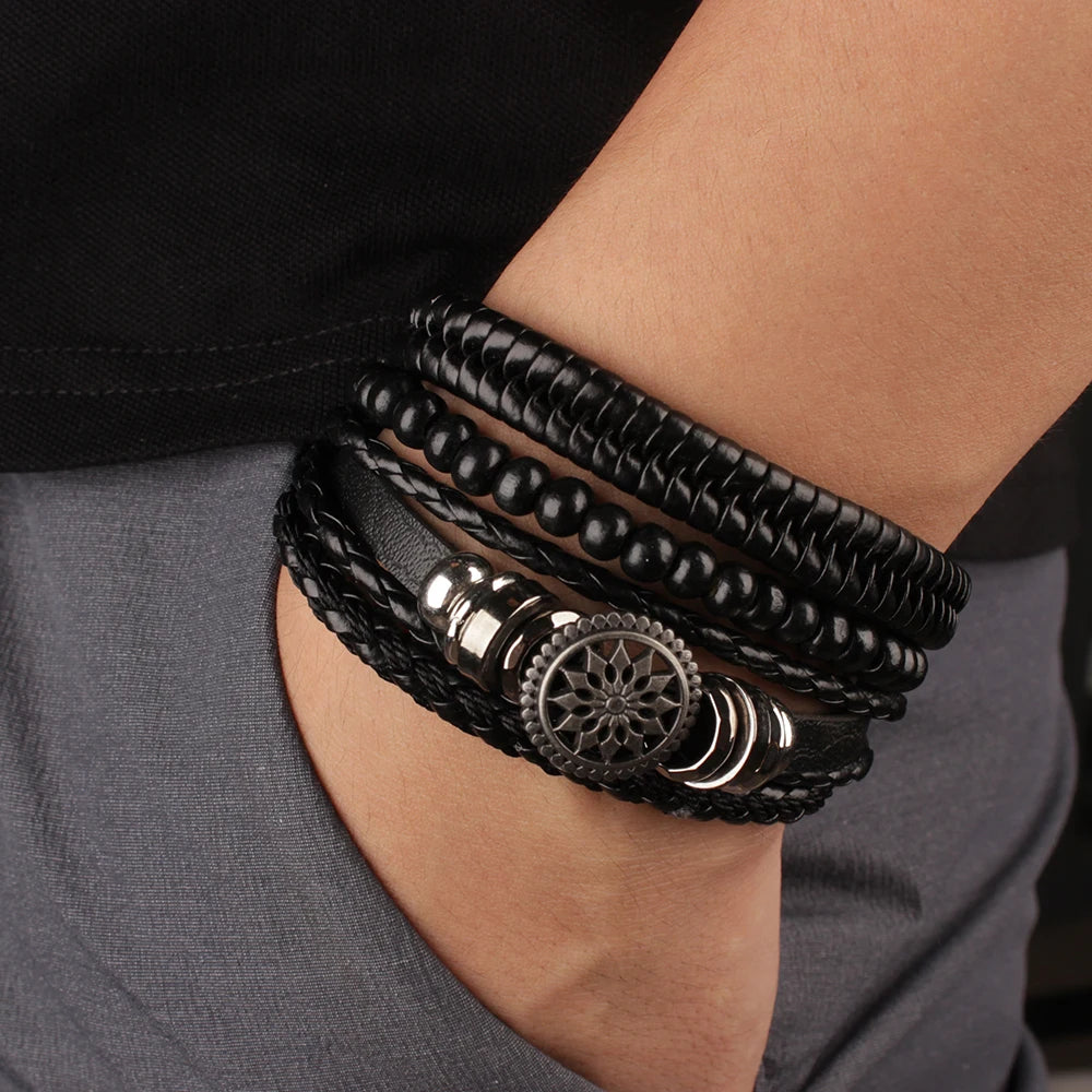 Leather Bracelets for Men 4Pcs Braided Wrap Wristband Set