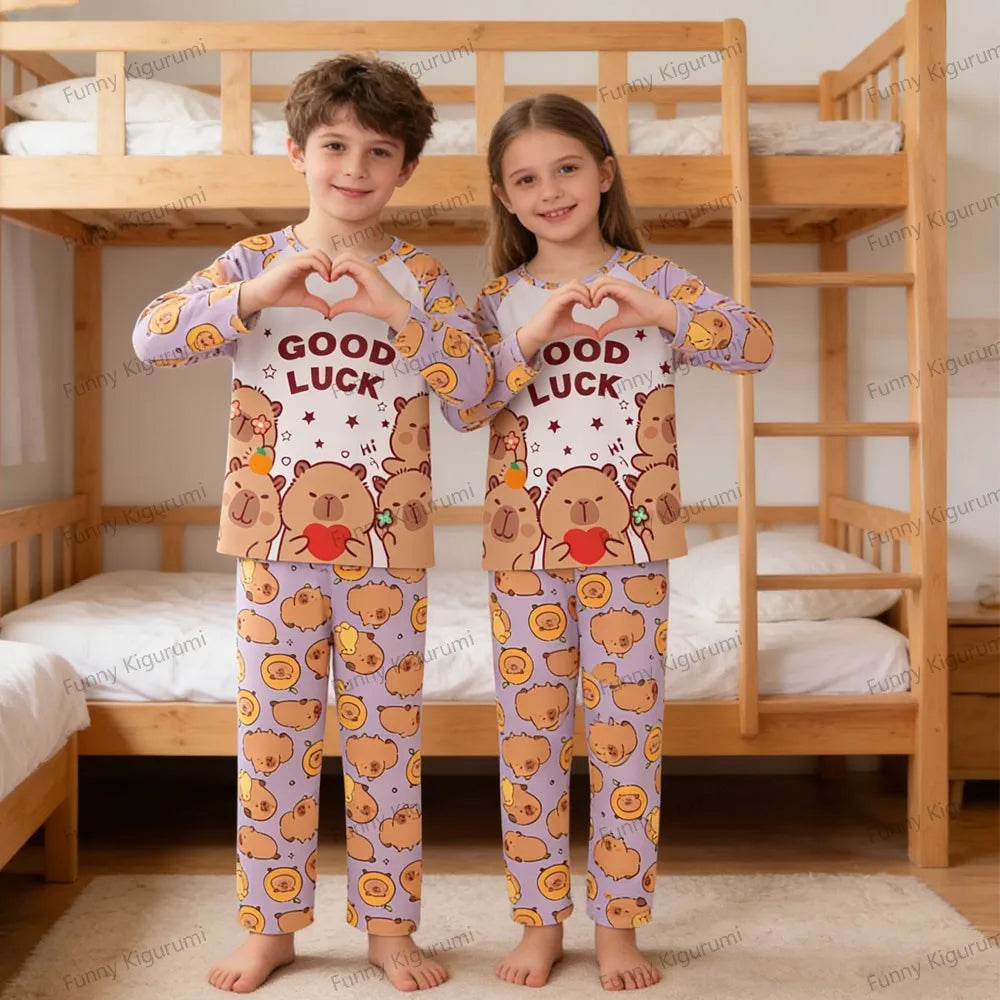 Kids Cartoon Pajama Set Capibara Long Sleeve Sleepwear