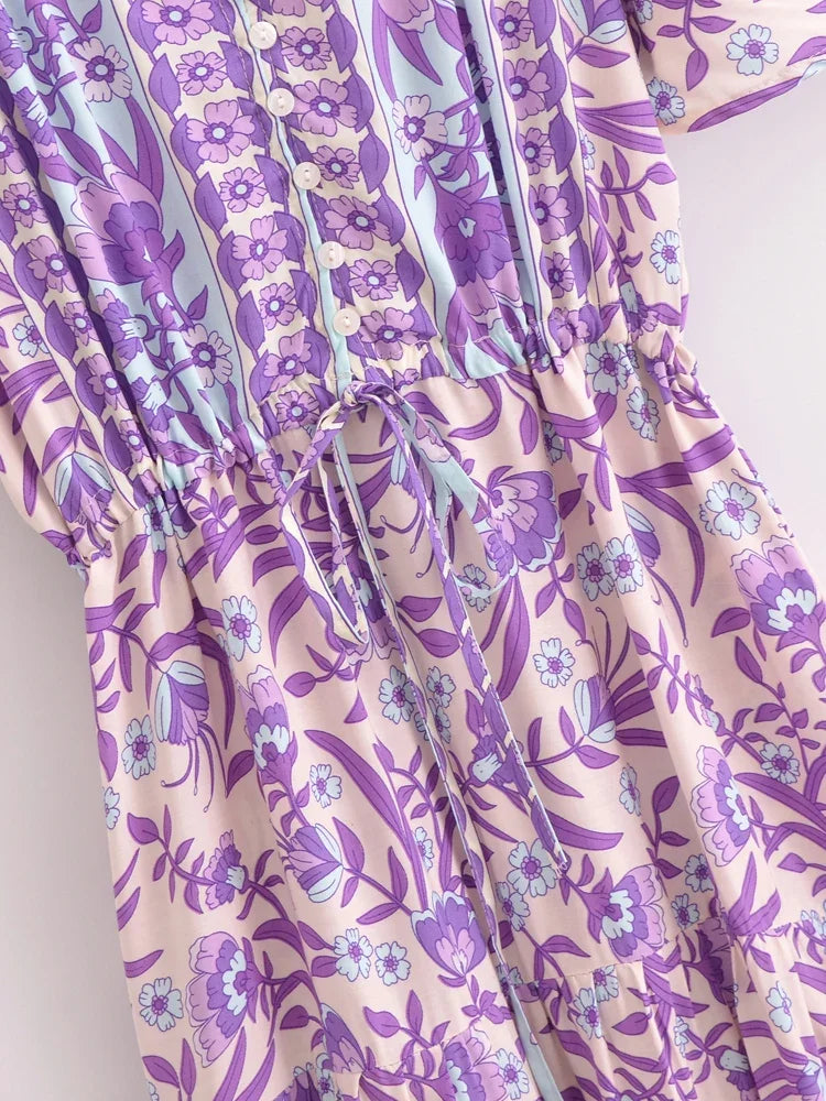 Bohemian Maxi Dress Floral Print Tie Neck Beach Dress