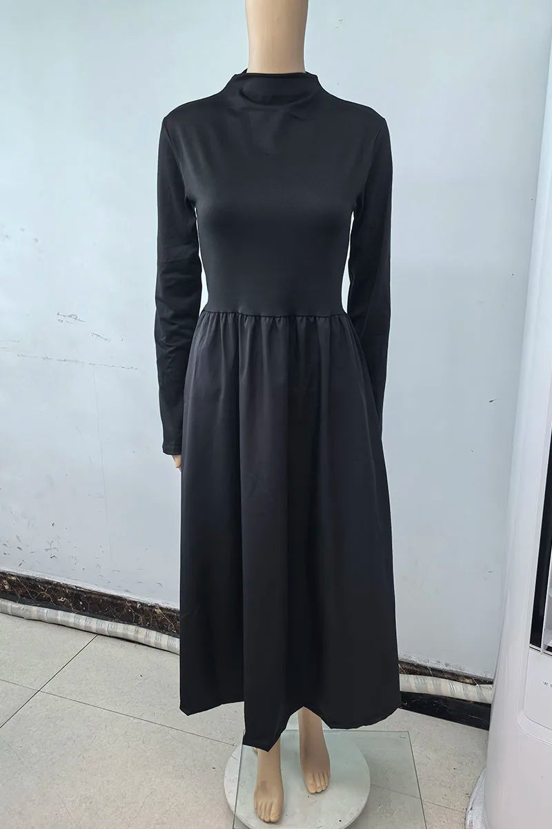 Black A-Line Dress French Style Long Sleeve Midi Dress