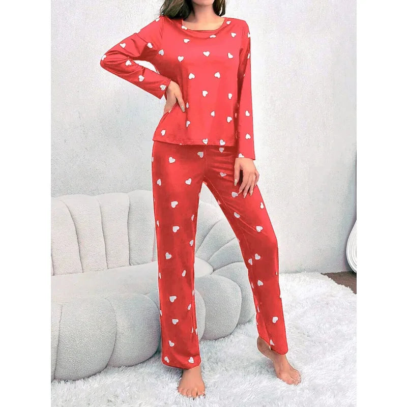 Women Pajamas Set Love Print Long Sleeve Sleepwear