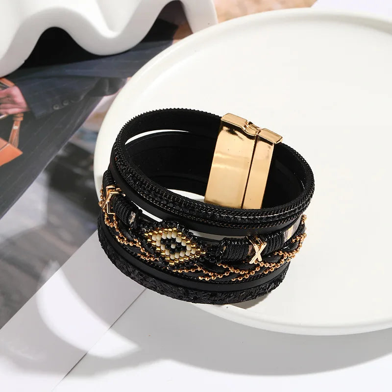 Leather Bracelet for Women Multilayer Handwoven Magnetic Bangle