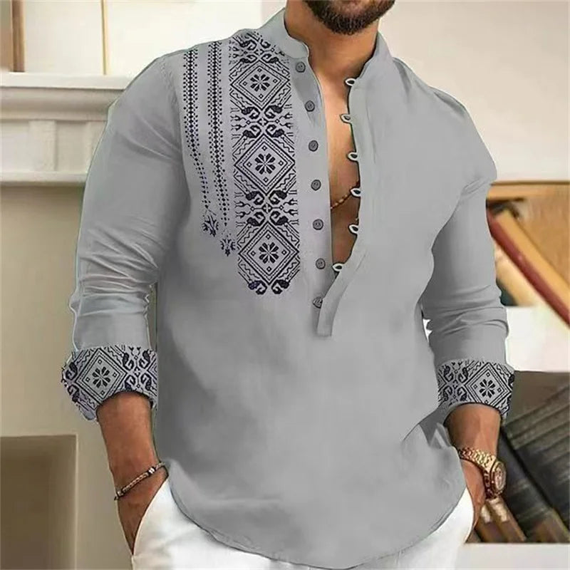 Men Linen Shirt Button Cardigan Retro Slim Fit Top