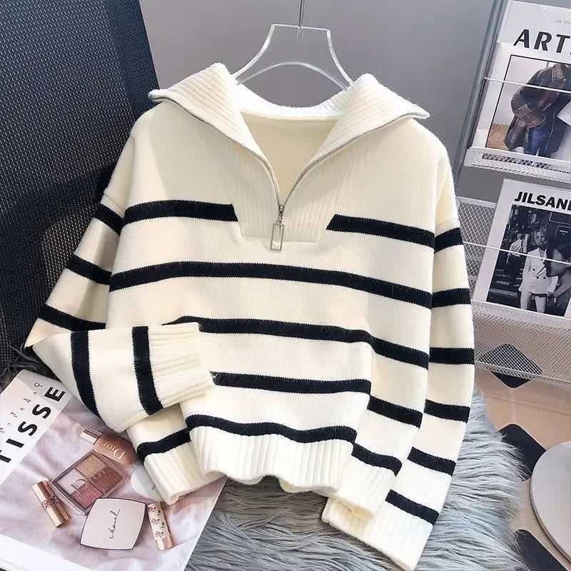 Women Pullover Sweater Zipper Stripe Short Style Top