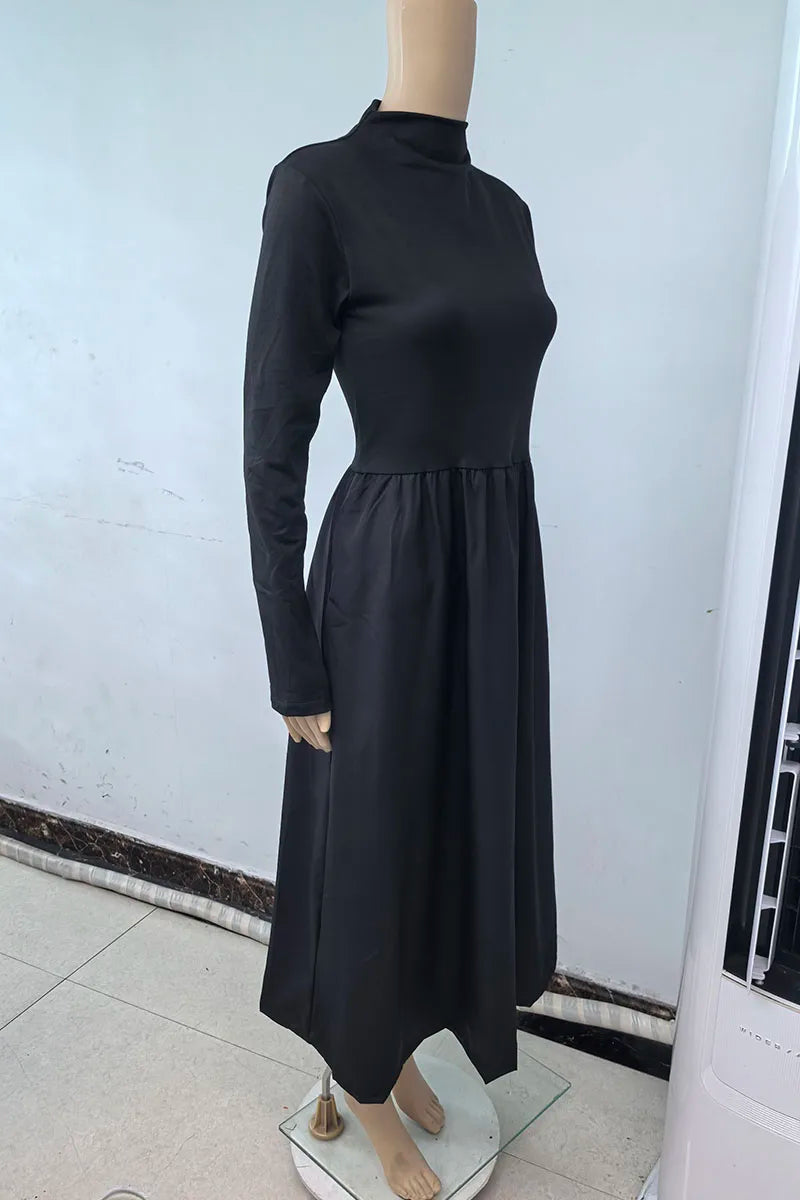 Black A-Line Dress French Style Long Sleeve Midi Dress
