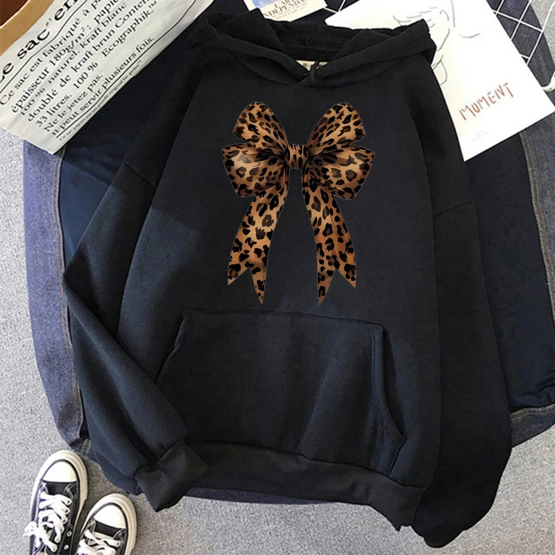 Leopard Print Hoodie Bow Heart Love Graphic Pullover