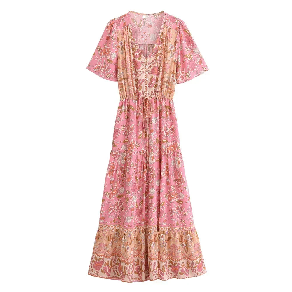 Bohemian Maxi Dress Floral Print Tie Neck Beach Dress