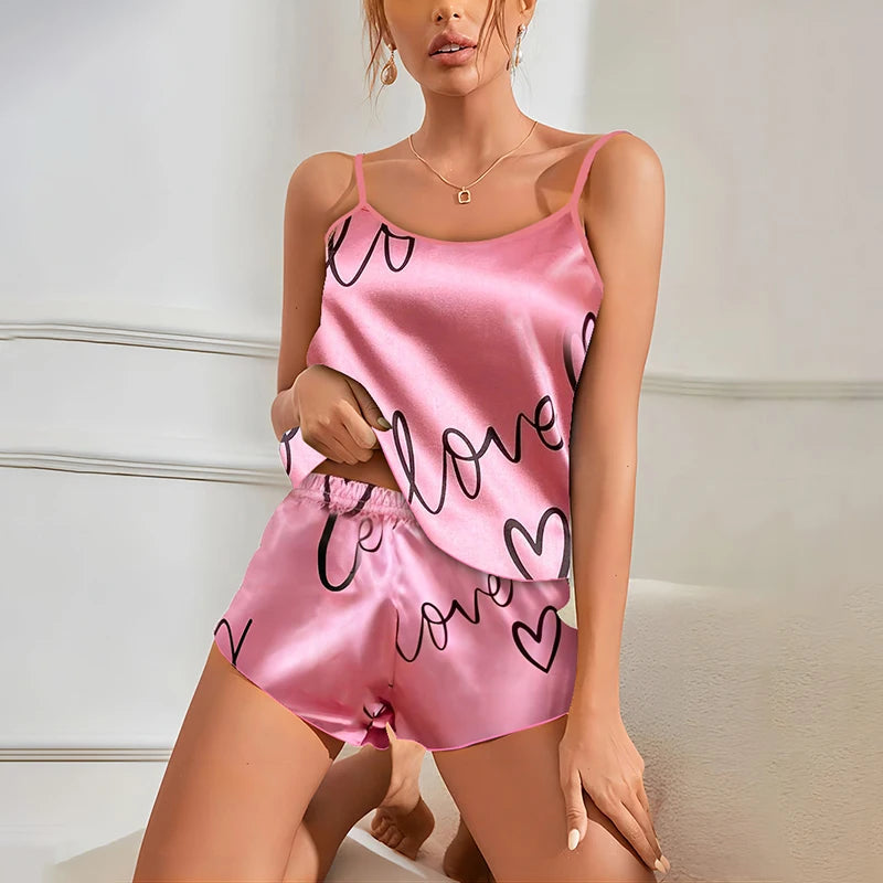 Satin Pajama Set Heart Print 2 Piece Loungewear
