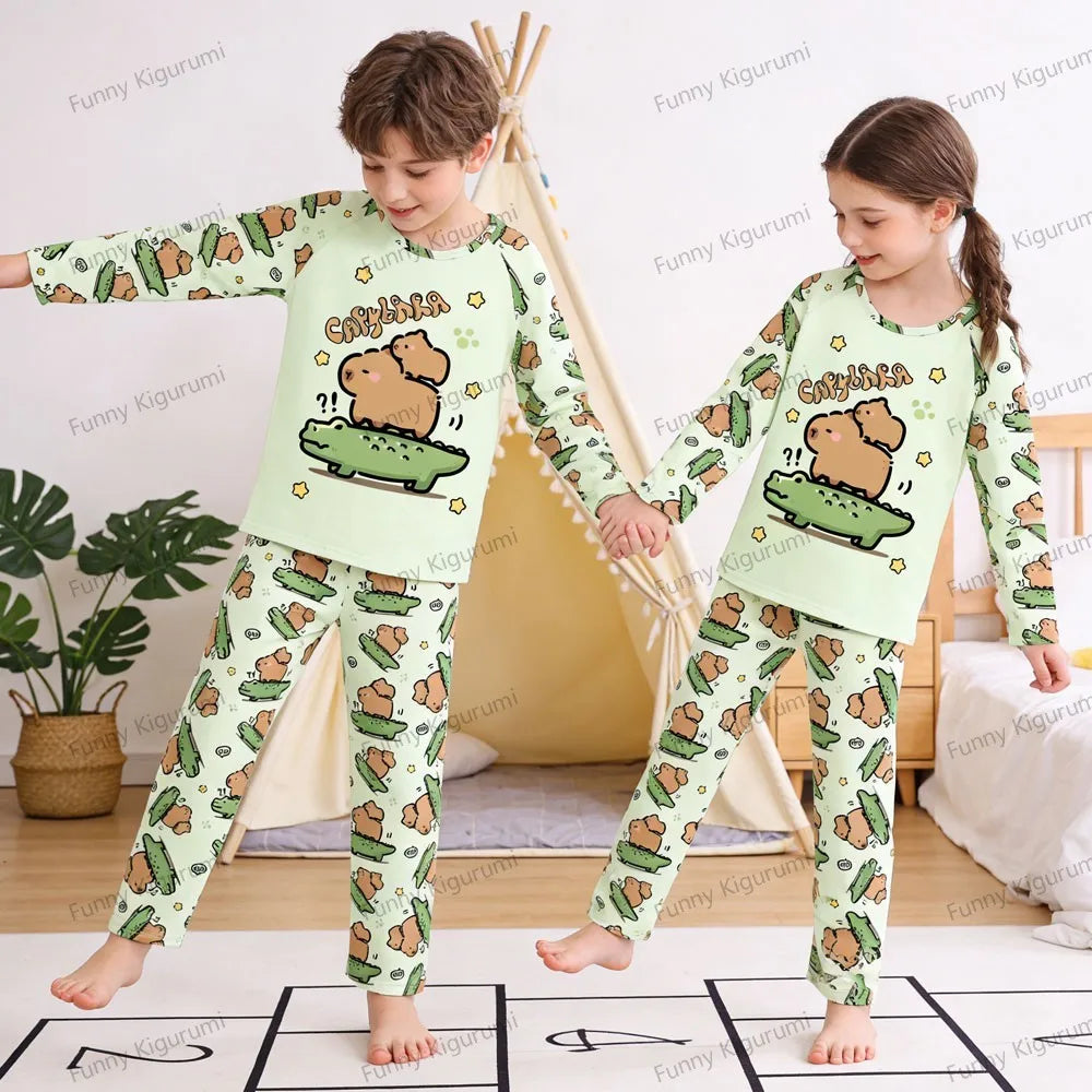 Kids Cartoon Pajama Set Capibara Long Sleeve Sleepwear