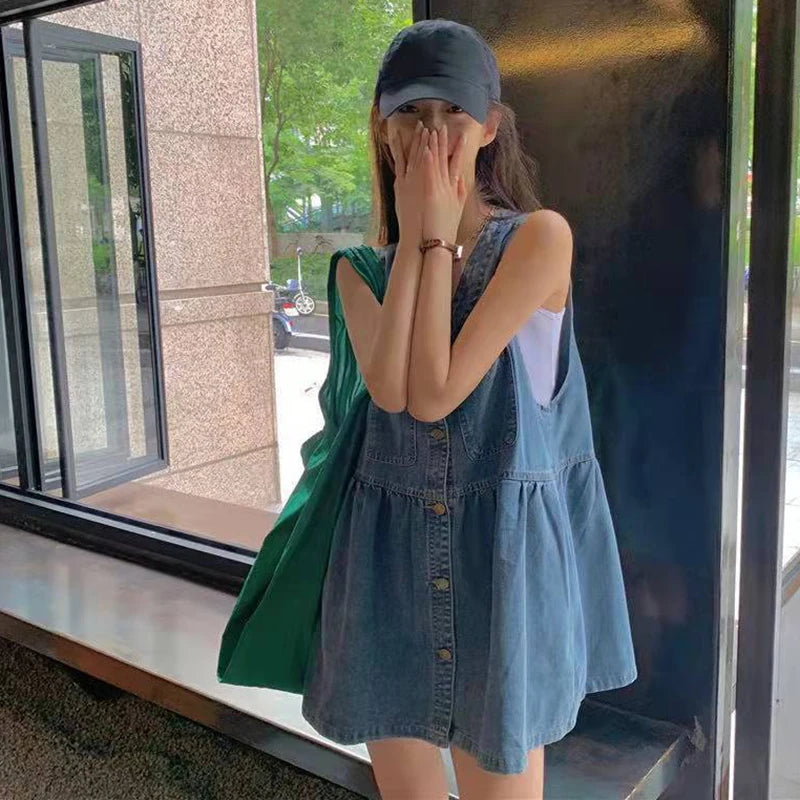Denim Mini Dress Sleeveless A-Line Korean Style Dress