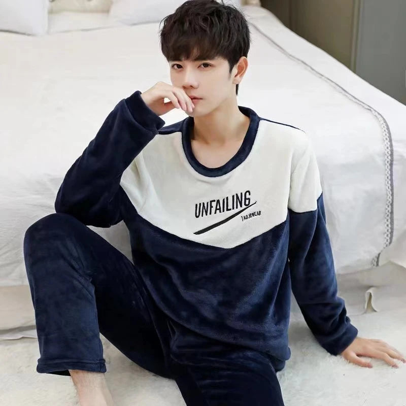 Men Coral Fleece Sleepwear 2 Piece Long Sleeve Pajama Set