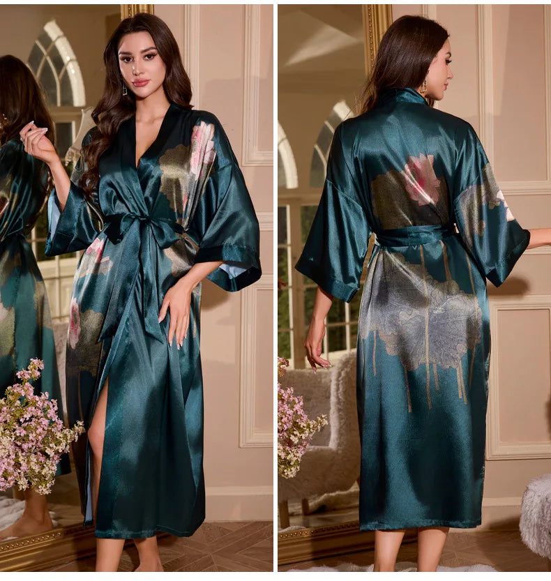 Satin Kimono Robe Chinese Style Long Bathrobe for Women