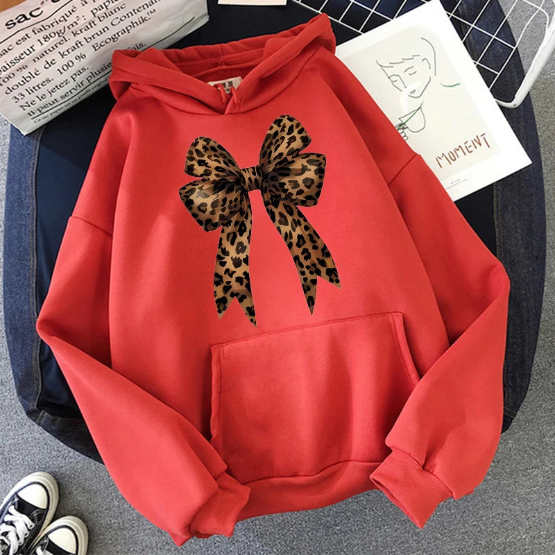 Leopard Print Hoodie Bow Heart Love Graphic Pullover