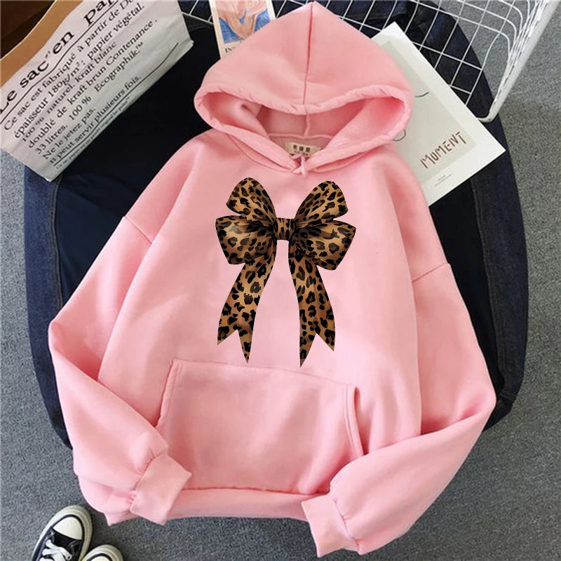 Leopard Print Hoodie Bow Heart Love Graphic Pullover
