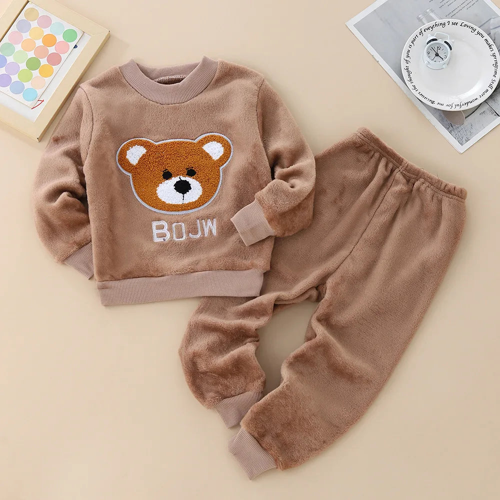 Kids Flannel Pajamas 2Pcs Warm Coral Fleece Sleepwear