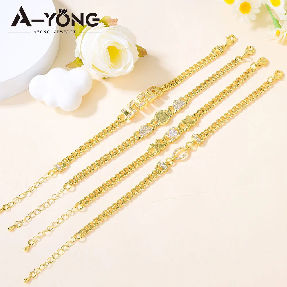 Dubai Fashion Bracelet 21K Gold Plated Zirconia Cuban Chain