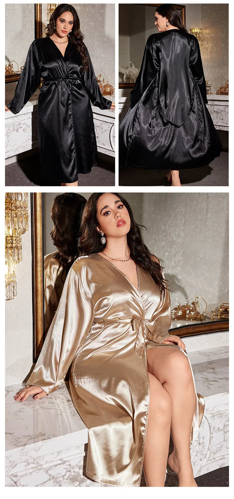 atin Long Robe Plus Size Black Kimono Bathrobe