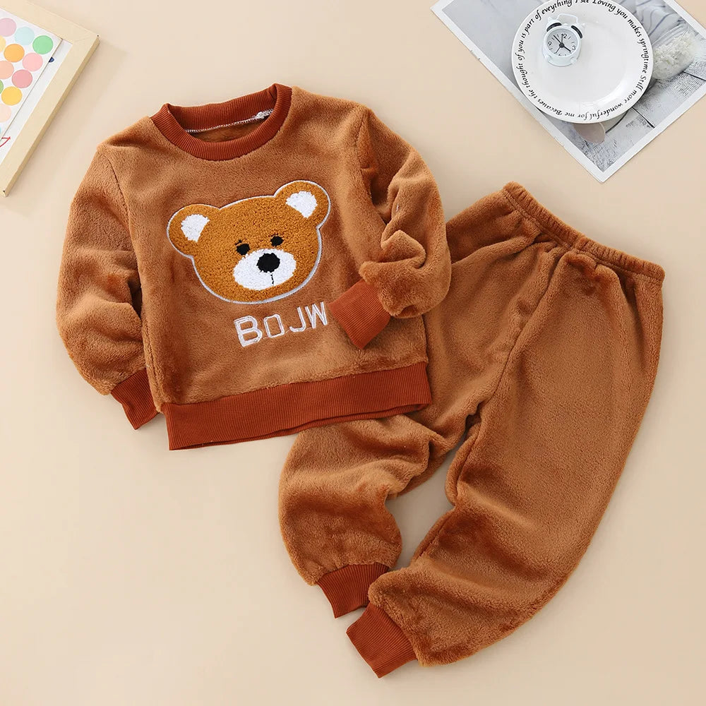 Kids Flannel Pajamas 2Pcs Warm Coral Fleece Sleepwear