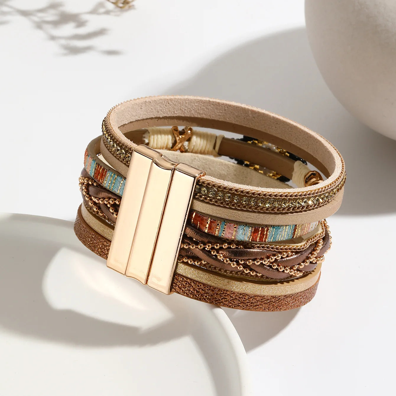 Leather Bracelet for Women Multilayer Handwoven Magnetic Bangle