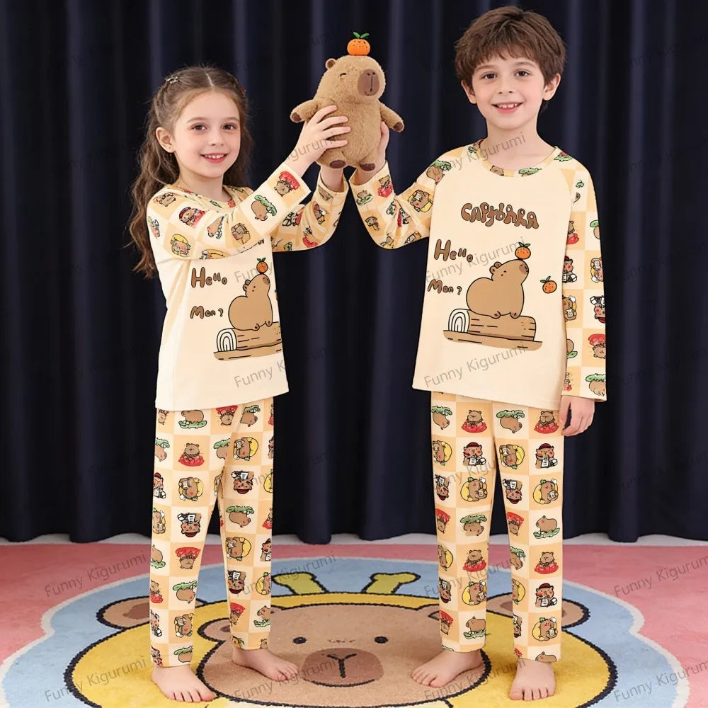 Kids Cartoon Pajama Set Capibara Long Sleeve Sleepwear
