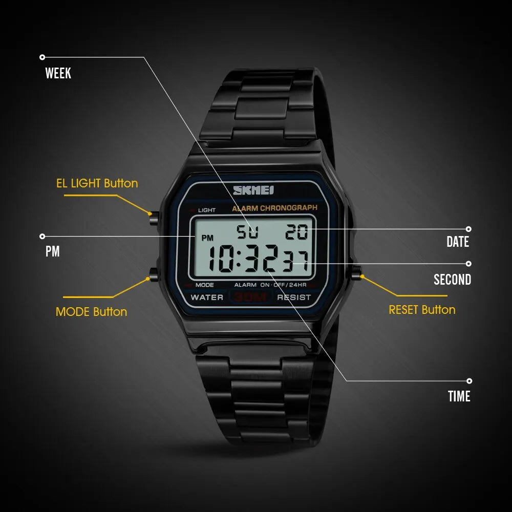 Sport Digital Wristwatch for Men Stainless Steel Waterproof Watch