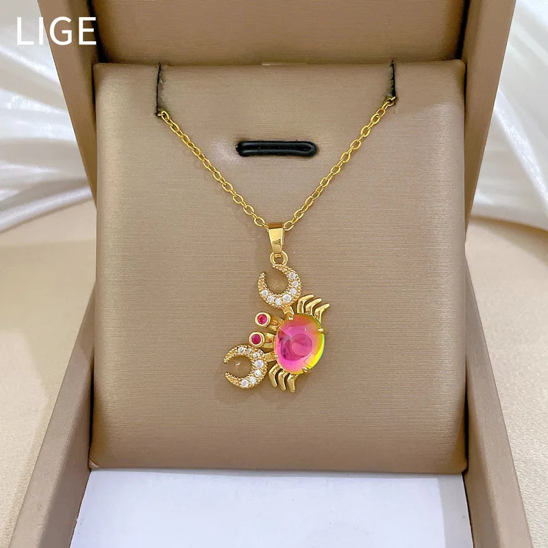 Crab Pendant Necklace 316L Stainless Steel Colorful Chain