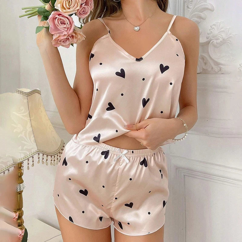 Satin Pajama Set Heart Print 2 Piece Loungewear