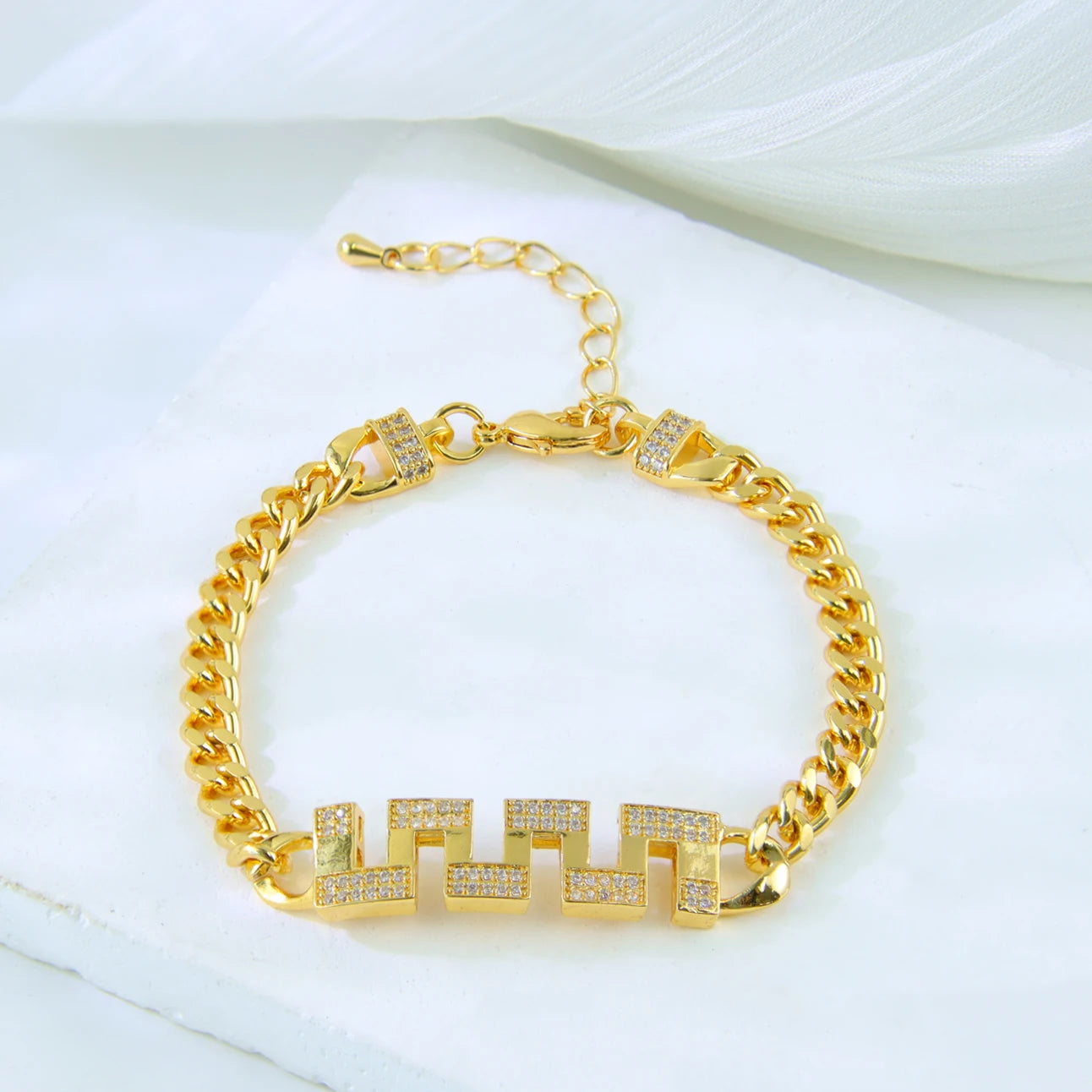 Dubai Fashion Bracelet 21K Gold Plated Zirconia Cuban Chain