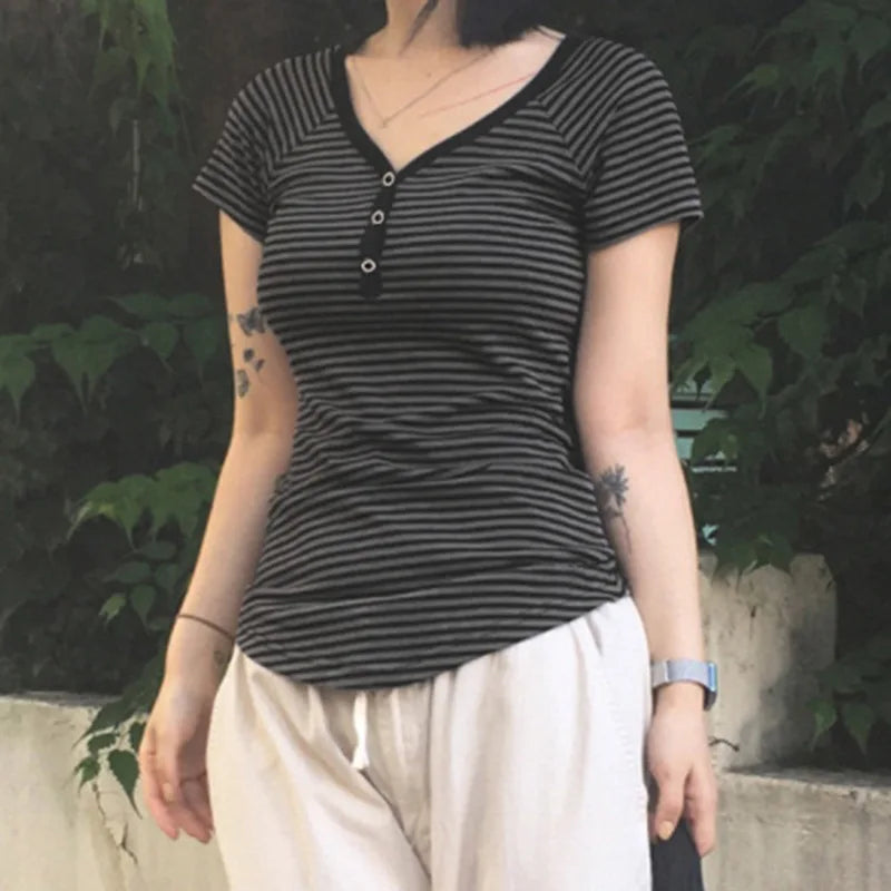 Goth T-Shirt Striped V-Neck Button-Up Slim Top