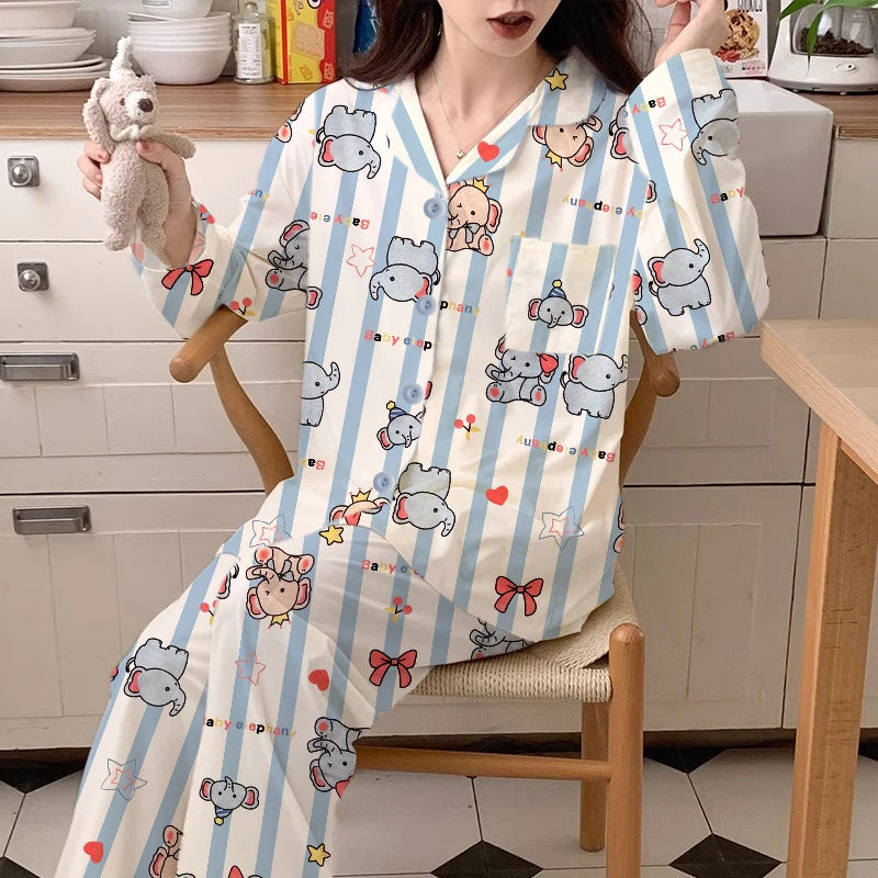 Elephant Pajama Set Cute Long Sleeve Sleepwear for Women